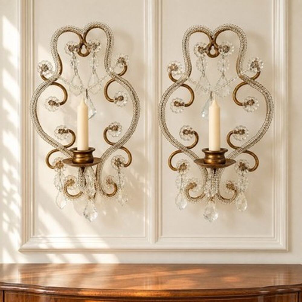 Vintage Pair Hollywood Regency Beaded Wall Candle Sconces Gold Tone 10”